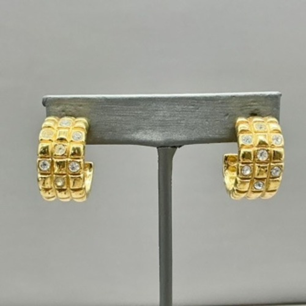 Hoop Earrings Women Gold Tone Quilted Textured Rhinestone Accent Fashion Jewelry
